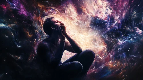 Human silhouette dissolves into nebular light and turbulent cosmos