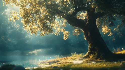 Golden morning light dances gently around a lakeside tree