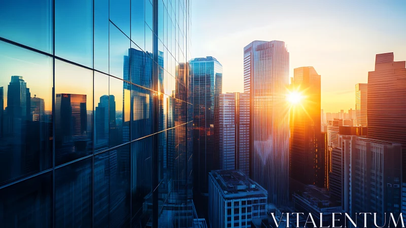 Specular glass skyline under axial sunrise illumination matrix.