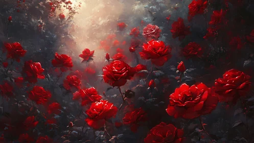 Luminous Red Roses Garden in Atmospheric Mist