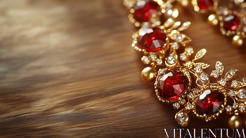 Gilded necklace with faceted red gemstones on varnished wood surface