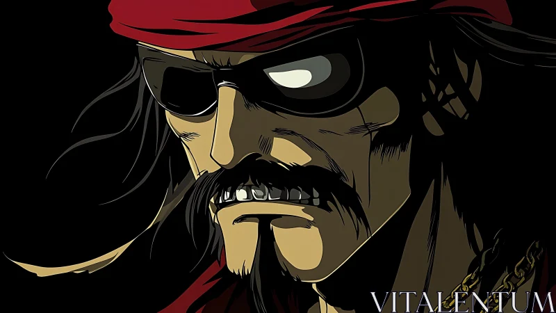 Intense anime pirate closeup with bandana and sunglasses.