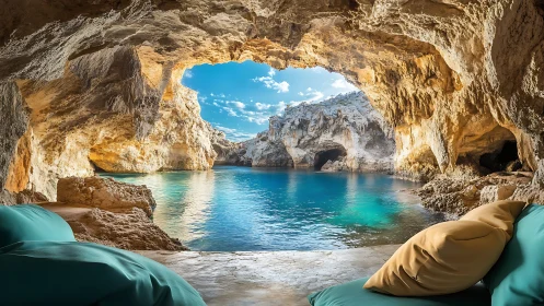 Limestone sea grotto lounge with cyan lagoon illumination.