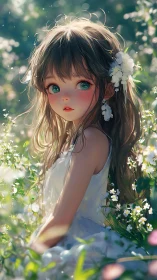 Pastel-eyed girl in sunlit meadow with floral accents.