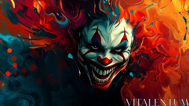 Vivid fiery clown portrait swirling with playful chaos.
