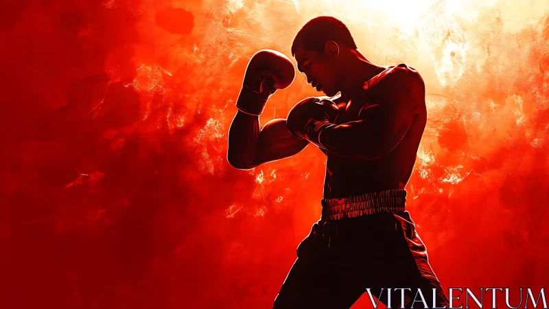 Silhouetted boxer in boxing stance against fiery background.
