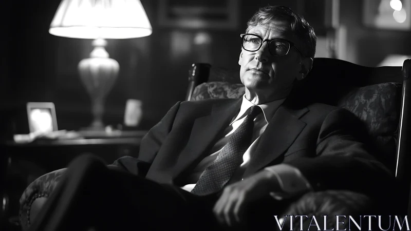 Pensive gentleman in lamplit shadows of a quiet study.