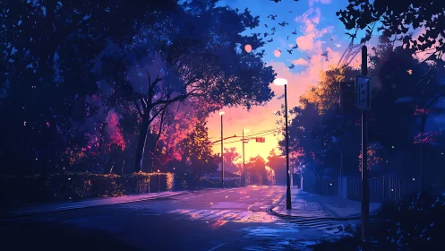 Urban street at dusk with trees, lampposts and traffic lights.