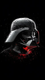 Reflective black helmet profile with splintered red debris.