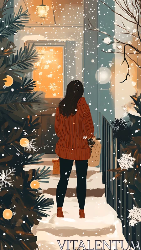 Snowy doorstep hush wraps a lone visitor in amber glow