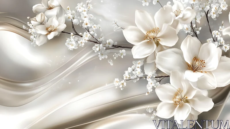 White Orchids and Cherry Blossoms Float in Ethereal Silk Waves