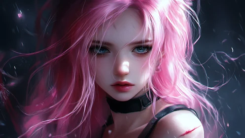 Storm-lit girl with pink hair and quietly fierce eyes.