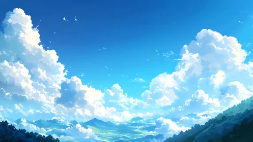 Towering summer clouds drift peacefully above green valleys