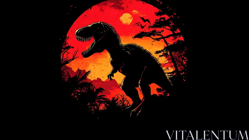 Moon-howling T-Rex strides through lava-lit jungle night.