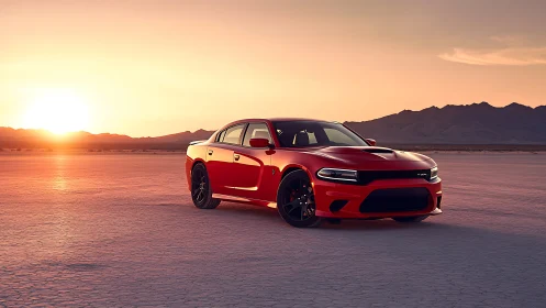 Red performance sedan on dry lakebed at sunset landscape