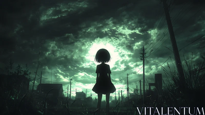 Silhouetted girl beneath stormlit emerald apocalypse sky.