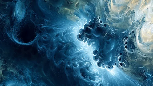Fractal blue and white swirling abstract digital pattern.