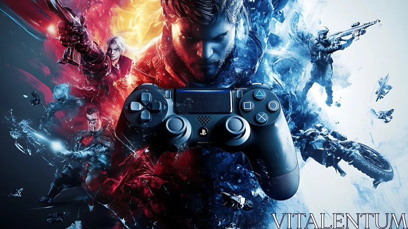 Game worlds collide around a blazing blue DualShock controller.