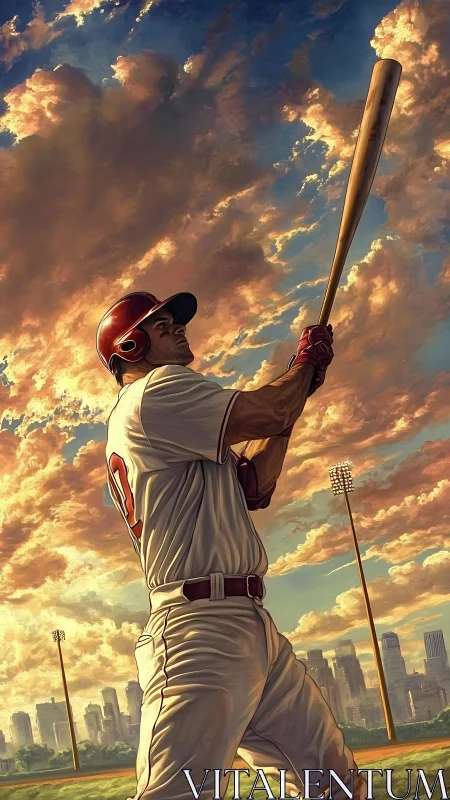 Baseball batter swings under dramatic sunset sky.
