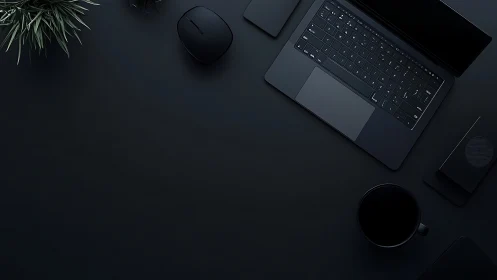 Monochrome workspace layout with laptop and peripherals.