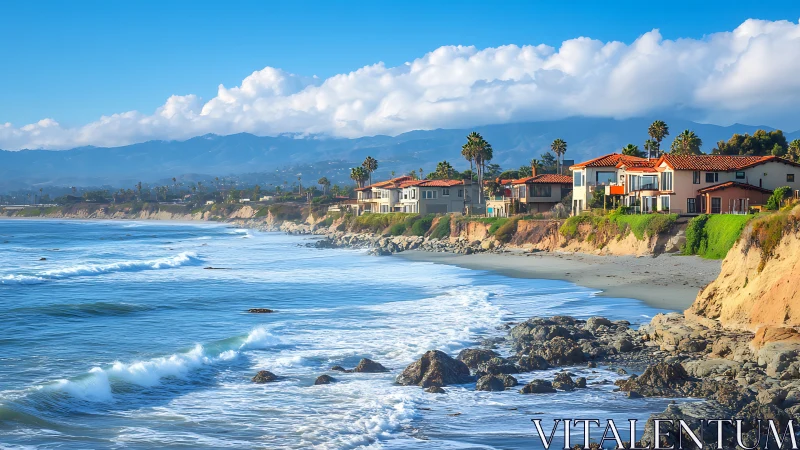 Coastal villas on sunlit bluffs above turquoise Pacific surf.