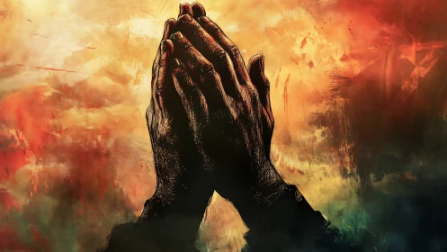 Digital painting of praying hands against abstract ember sky.