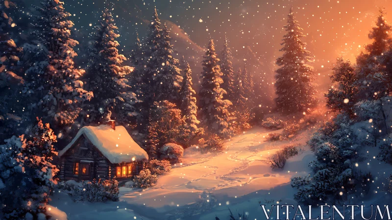 Snowfall illuminates cabin and forest path with warm rim lighting