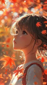Side profile of girl amid drifting orange autumn leaves.