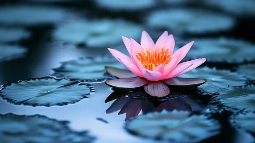 Luminous pink waterlily floating over cool blue pond.