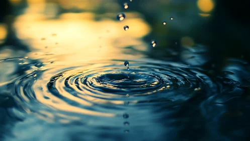 Twilight droplet orchestra conducting ripples in gold blue.