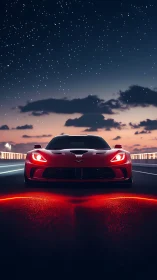 Red sports car cuts neon streak under starry dusk sky
