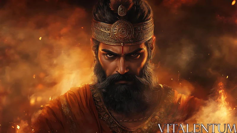 Intense bearded king in firelit digital portrait artwork.