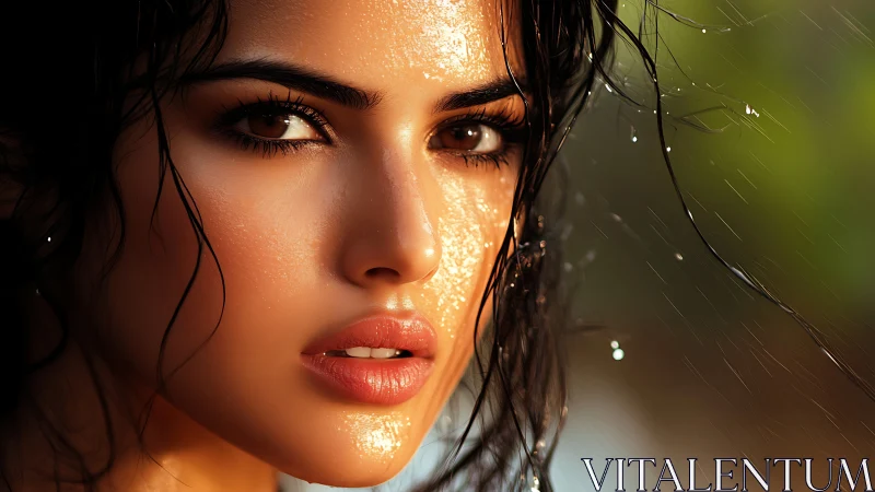Wet close-up portrait of young woman with water droplets.