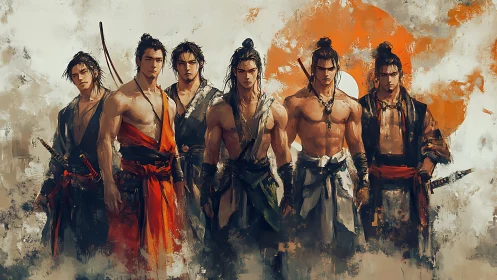 Six warrior swordsmen stand united before painted sun symbol.