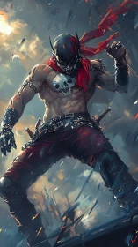 Scarred rogue under stormlit skies holds quiet, fierce resolve.