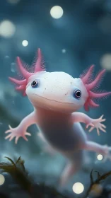 Photorealistic pink axolotl floating in soft bokeh water.