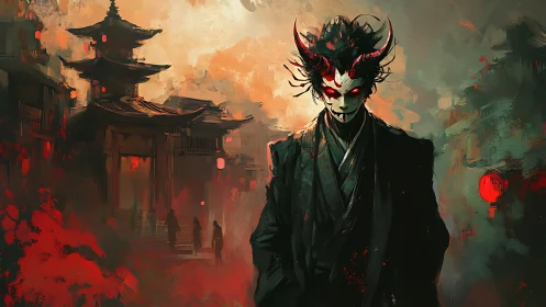 Horned demon drifts through burning neon temple streets.