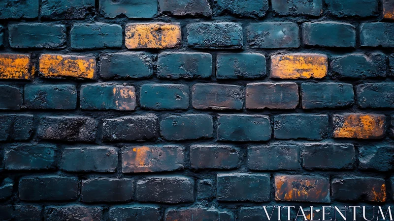 Dark blue brick wall with orange accents in modern grunge style.