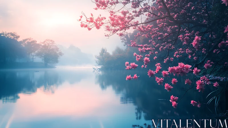 Misty lakeside panorama with luminous pink cherry blossoms.