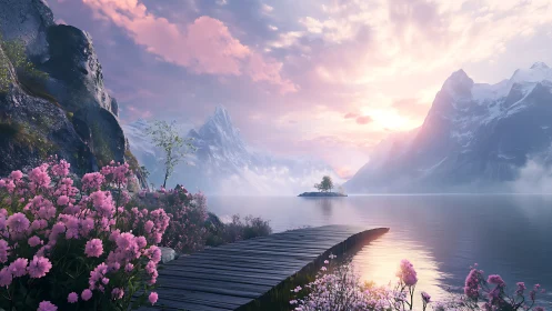 Blossom-lined boardwalk into sunrise-kissed fjord calm.