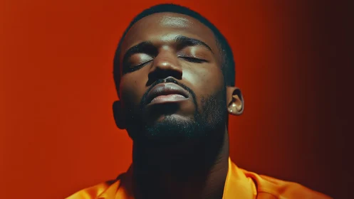Portrait man in orange shirt against vivid red backdrop.
