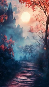 Mystical Valley at Moonrise With Cherry Blossoms
