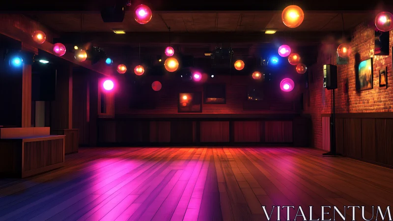 Warm wooden dance floor glowing with colorful party lights.