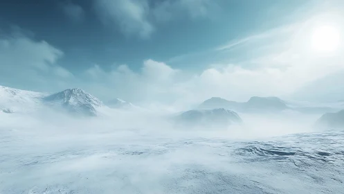 Snow-covered plain extends toward distant icy mountains