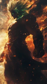 Infernal titan emerging from volcanic firestorm.