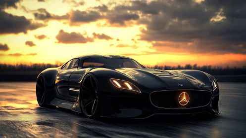 Sleek black sports car glides across a glowing sunset track