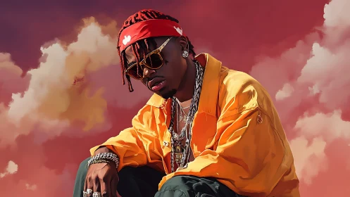 Stylized hip-hop portrait contrasts warm clouds and bold fashion