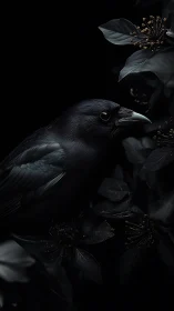 A Raven Perches Among Dark Flowers in Moody Elegance