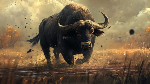 Kinetic buffalo charge across autumn marshland in motion study.