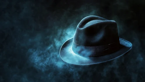 Mysterious fedora floating in swirling blue cinematic mist.
